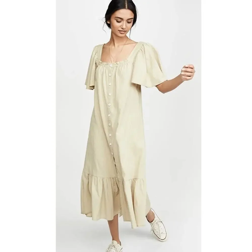 Free People Sweet Sunday Button Down Midi Dress Sisal Beige Small